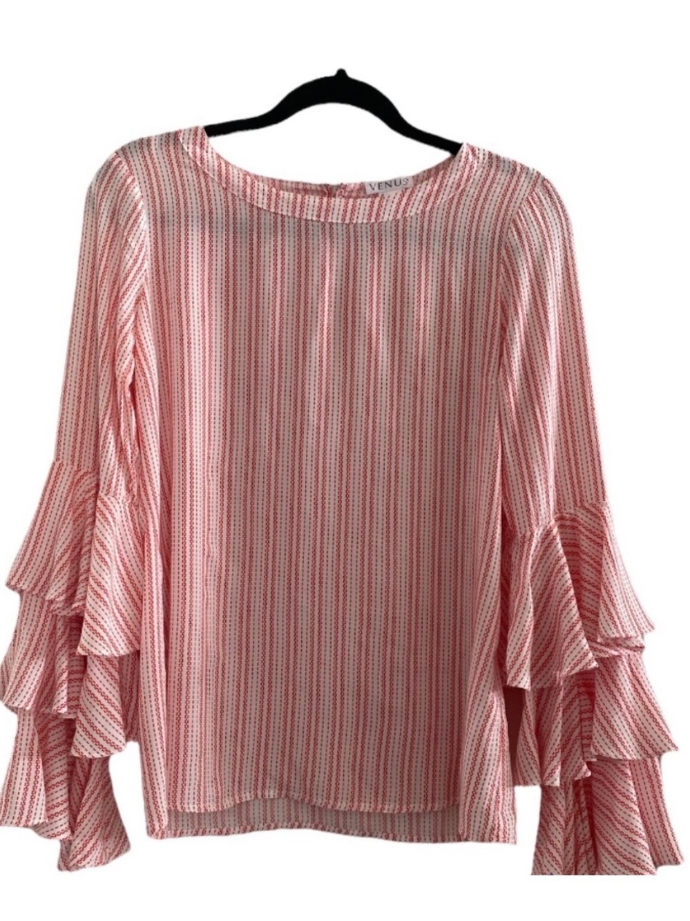 VENUS Red and White Striped Ruffle Sleeve Top